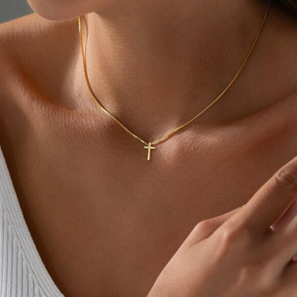 Gold Cross Necklace for Women Trendy, 14K Gold Plated Charm Choker, Religious Fa - Picture 2 of 9